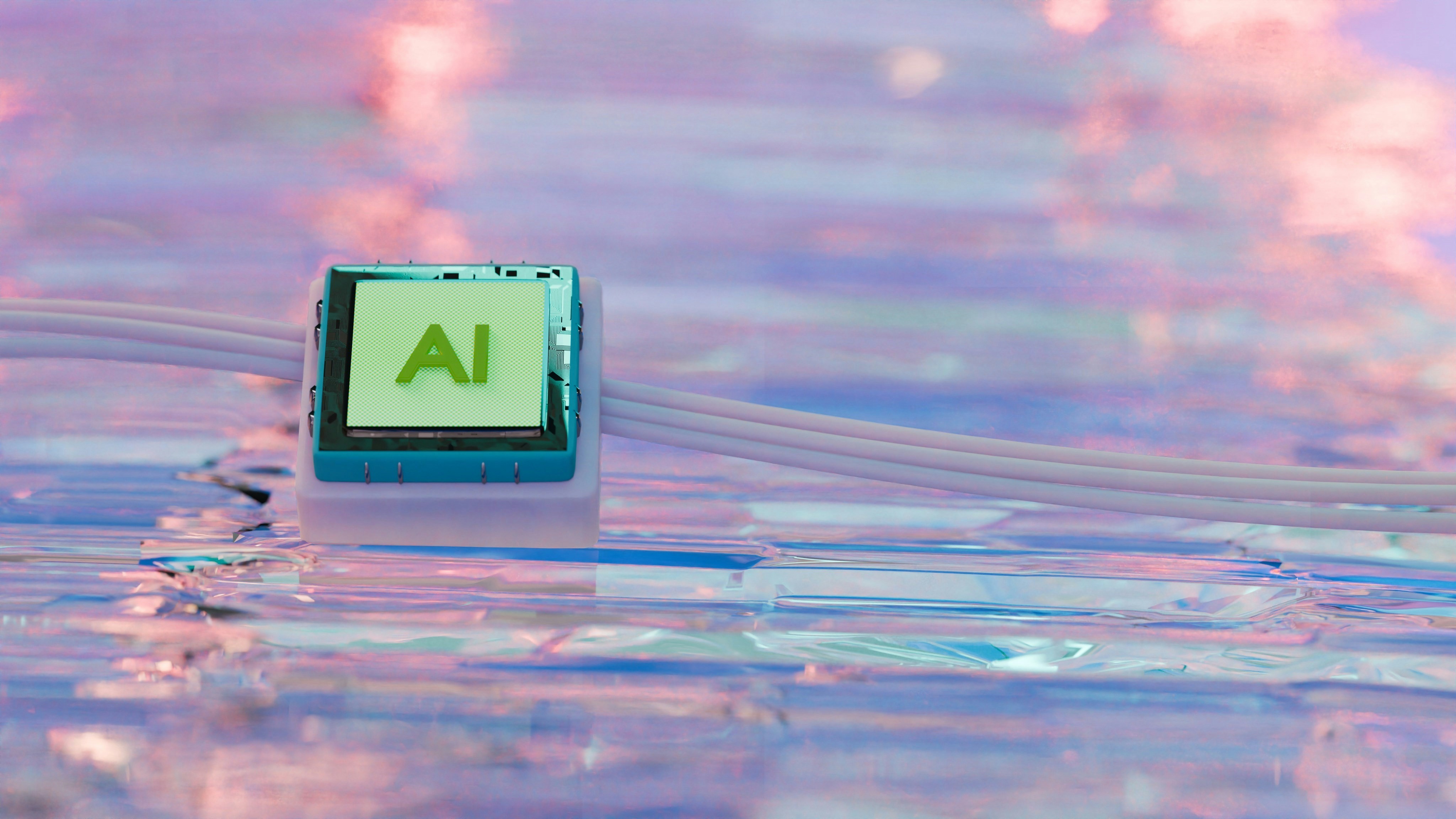 Futuristic artificial intelligence microchip resting on vibrant, glossy surface with pastel reflections and surreal lighting, representing technology innovation and digital transformation